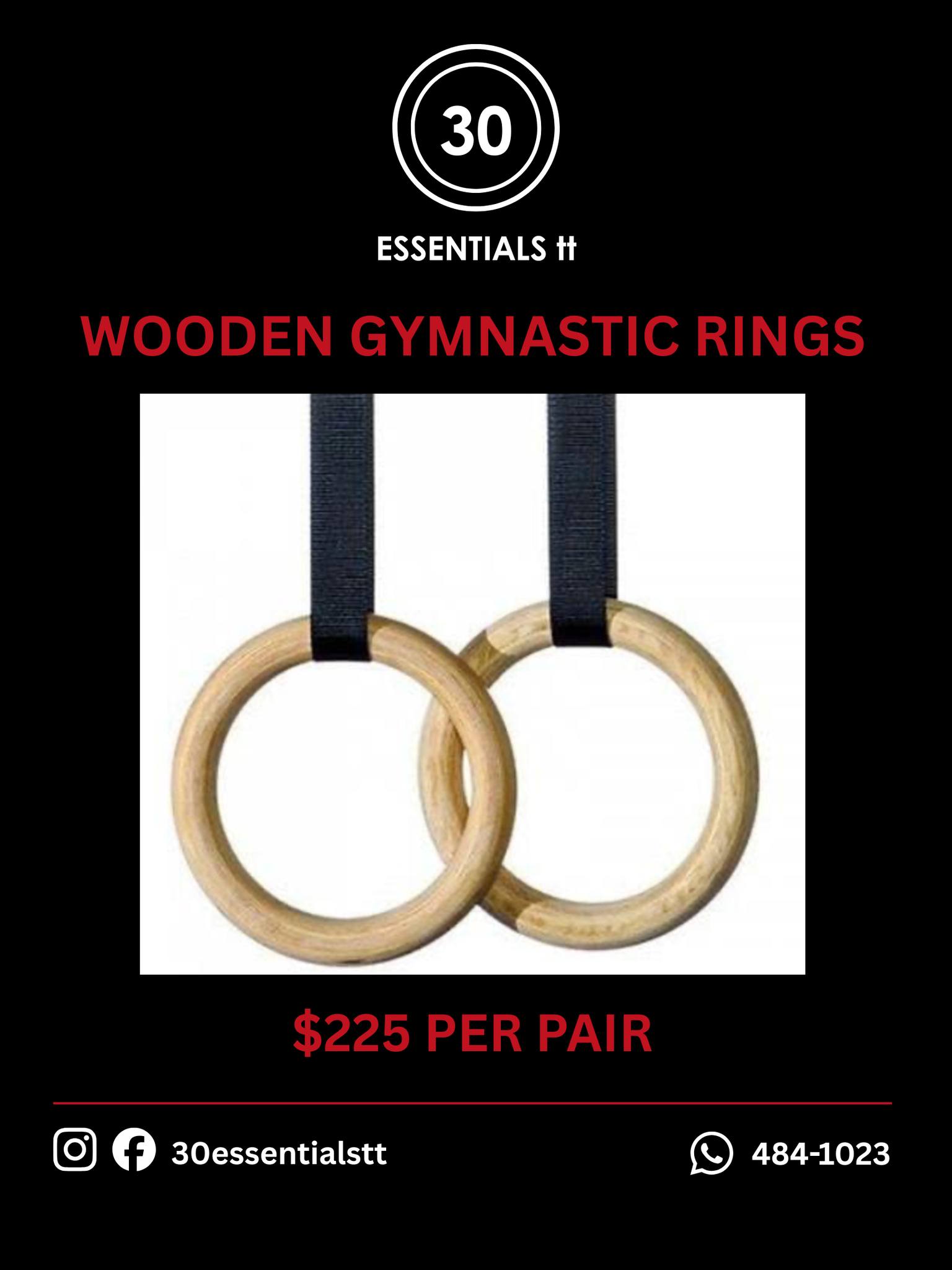 30 Essentials TT Facebook ad: WOODEN GYMNASTIC RINGS - $225 PER PAIR