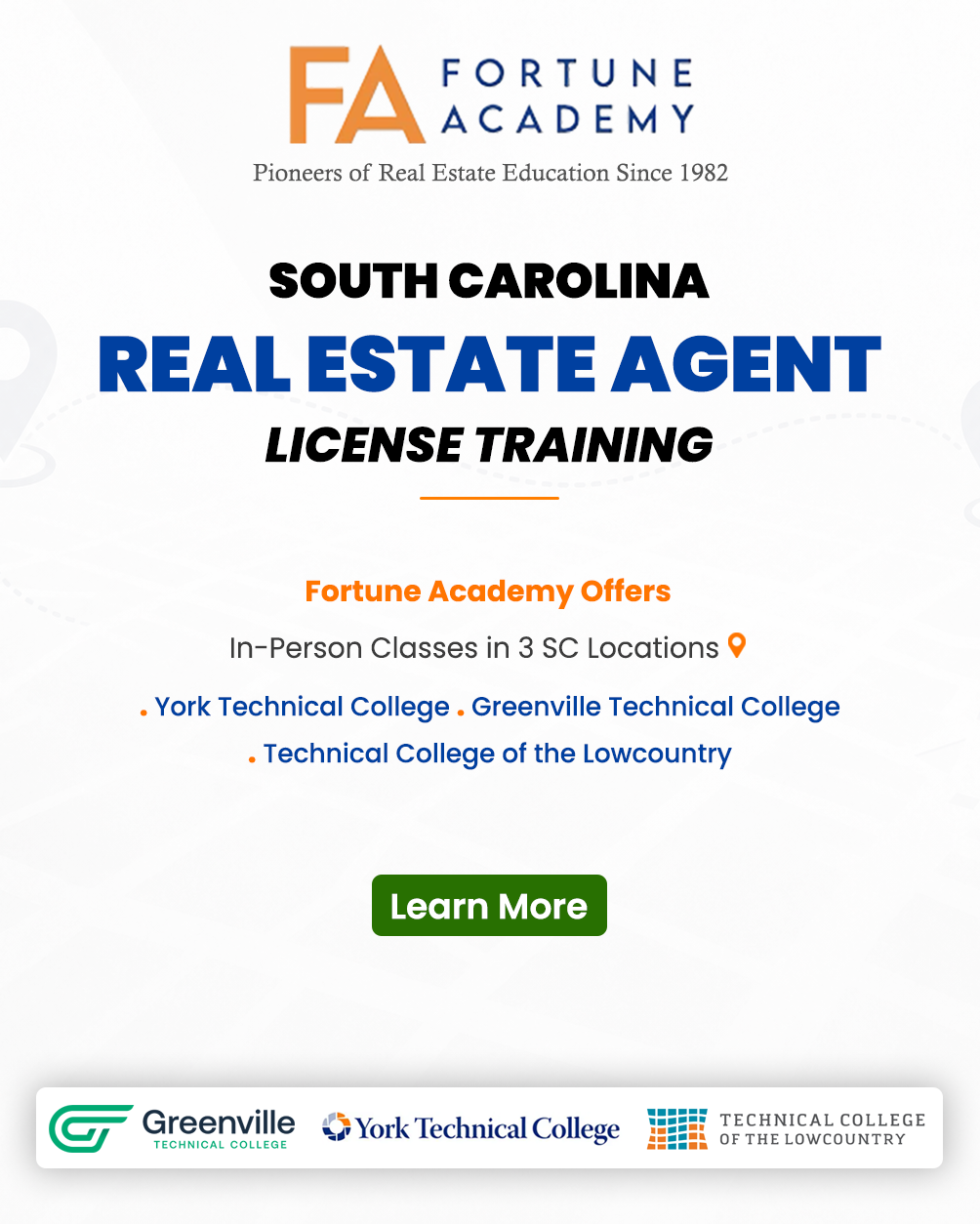 Fortune Academy of Real Estate Facebook ad: In-Person Classes • Stay on Track • Prepare to Pass the…