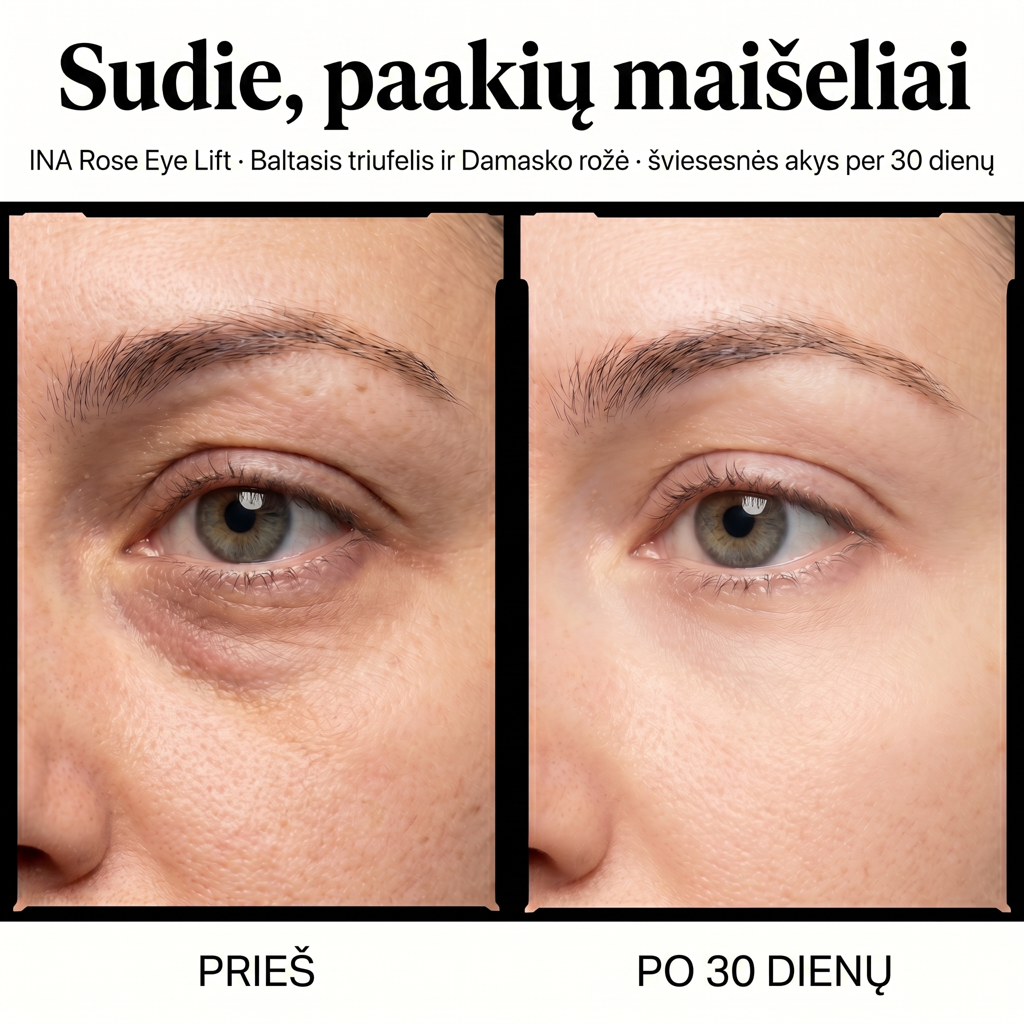 InaEssentials.lt - Šeimos Organinė Kosmetika Facebook ad: Kur dingo maišeliai paakiuose?
