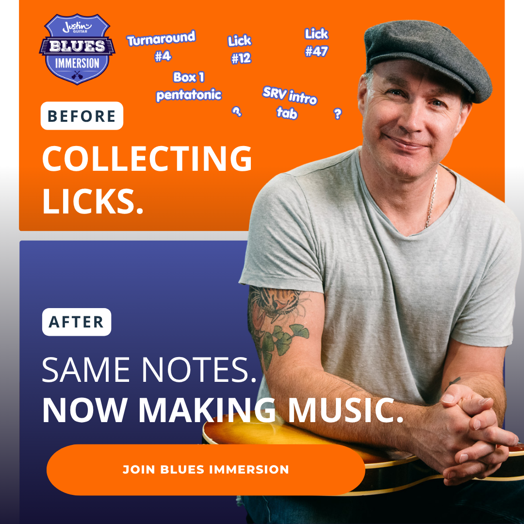 JustinGuitar Facebook ad: Break free from memorized licks