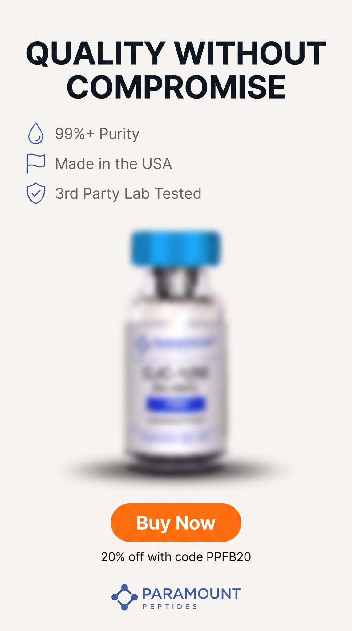 Paramount Peptides Sale Facebook ad: Get 20% Off Your First Order.