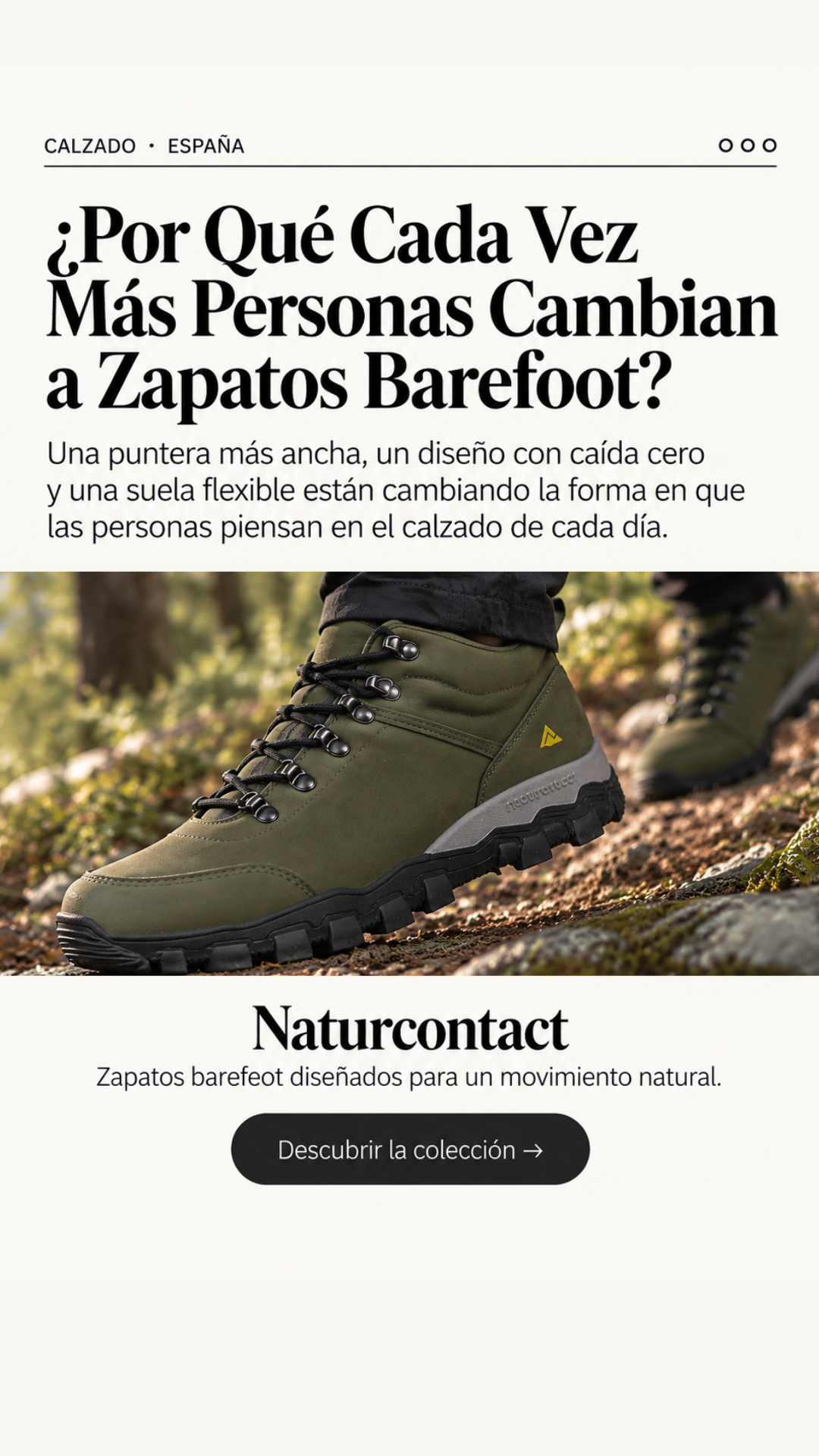 Naturcontact Facebook ad: Replantea lo que llevas. Descubre nuestros zapatos barefoot.