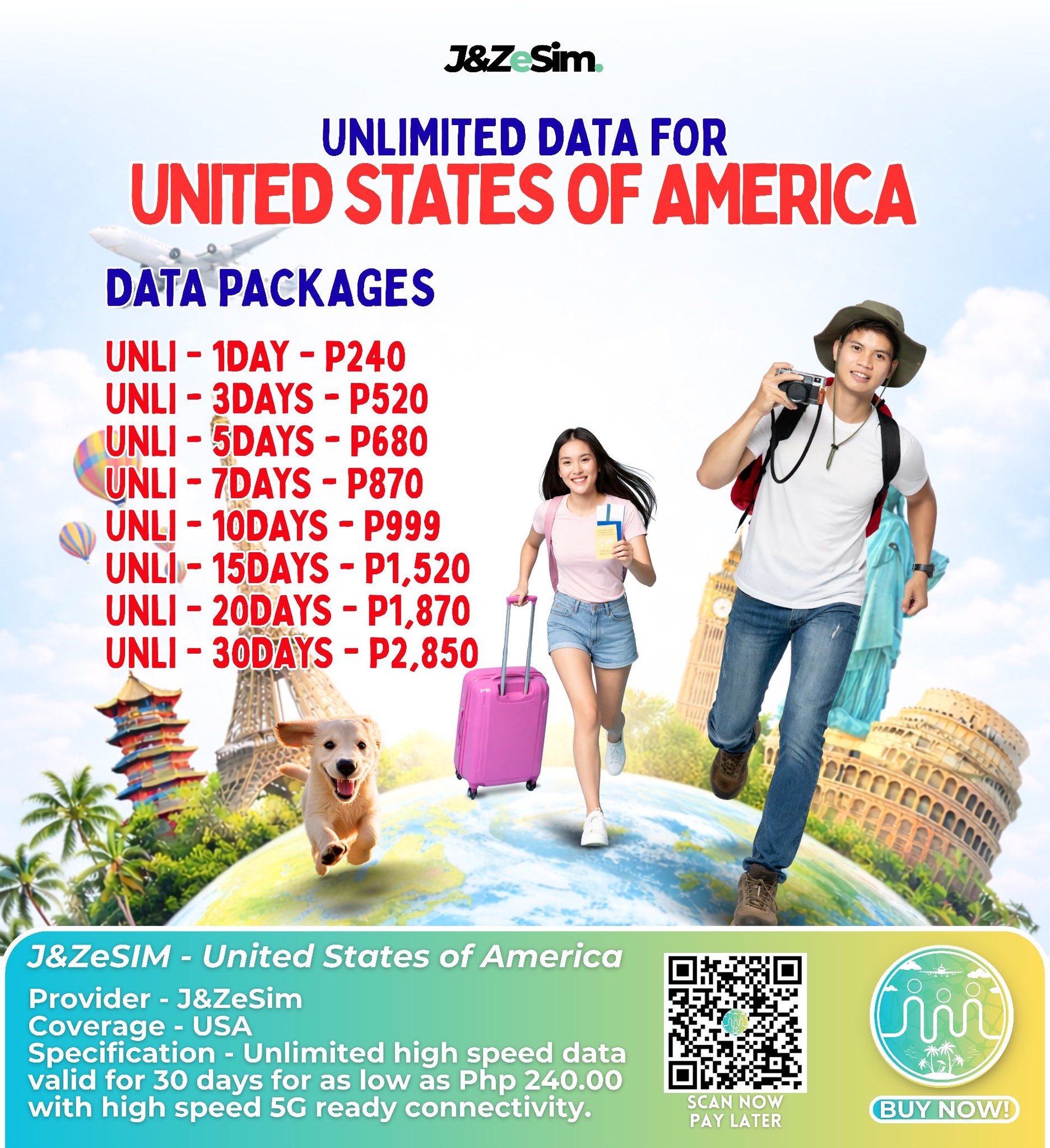 J&ZeSim Facebook ad: Travel the United States of America with J&ZeSim…