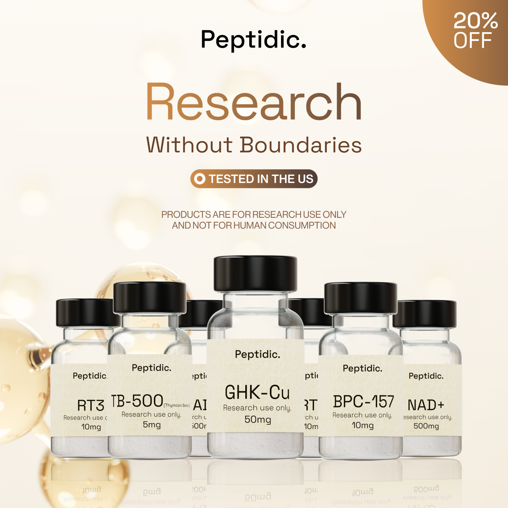 Peptidic Facebook ad: Premium Peptides. Verified Quality. Save 20% Today