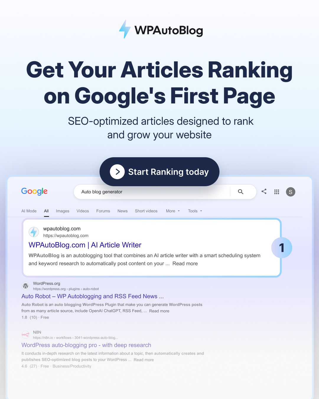 WPAutoBlog Facebook ad: Create articles that rank #1