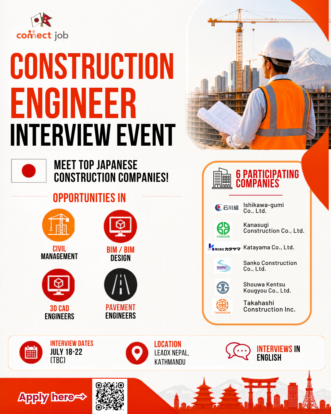 Connect Job Nepal - Work in Japan Facebook ad: Civil Engineers needed in Japan