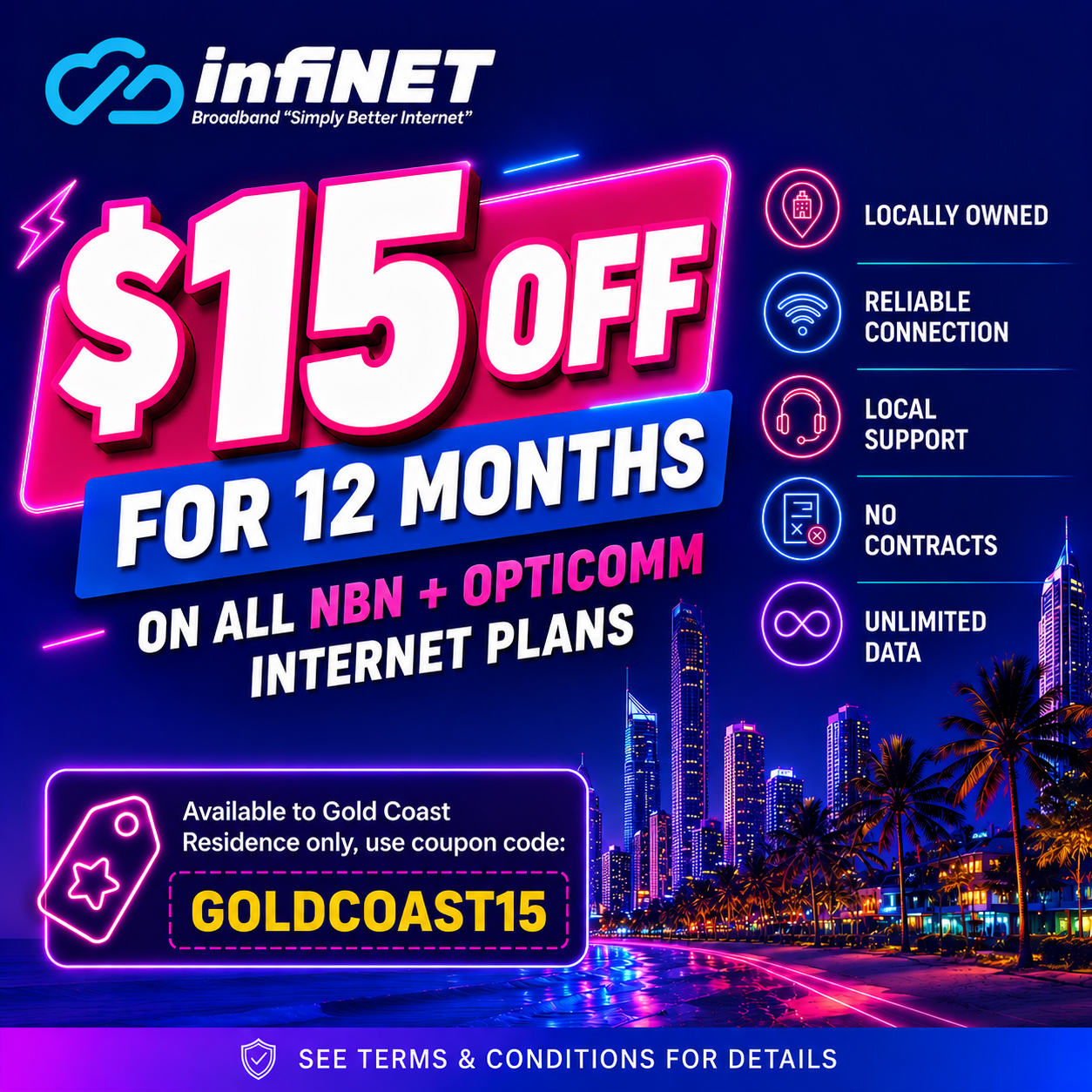 Infinet Broadband Facebook ad: $15 Off for 12 Months