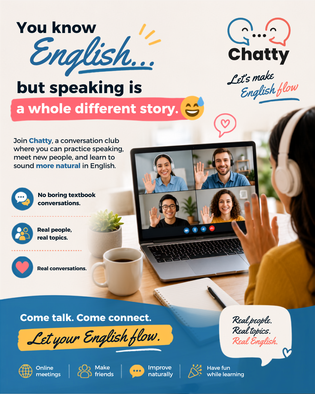 Chatty - Online English Speaking Club Facebook ad: Free for 2 weeks!