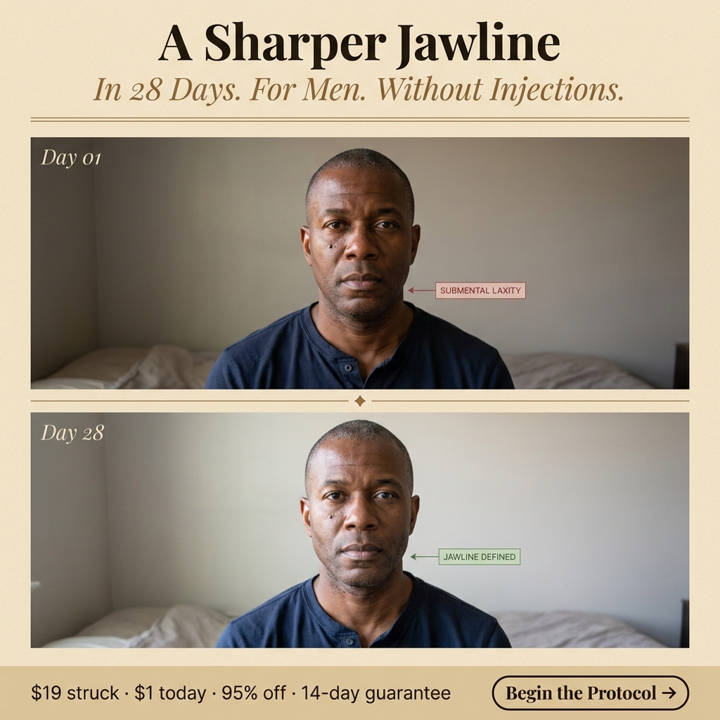 Faceplastica & Biohacking Program for Men Facebook ad: Sharp jaw in 28 days · $1 today