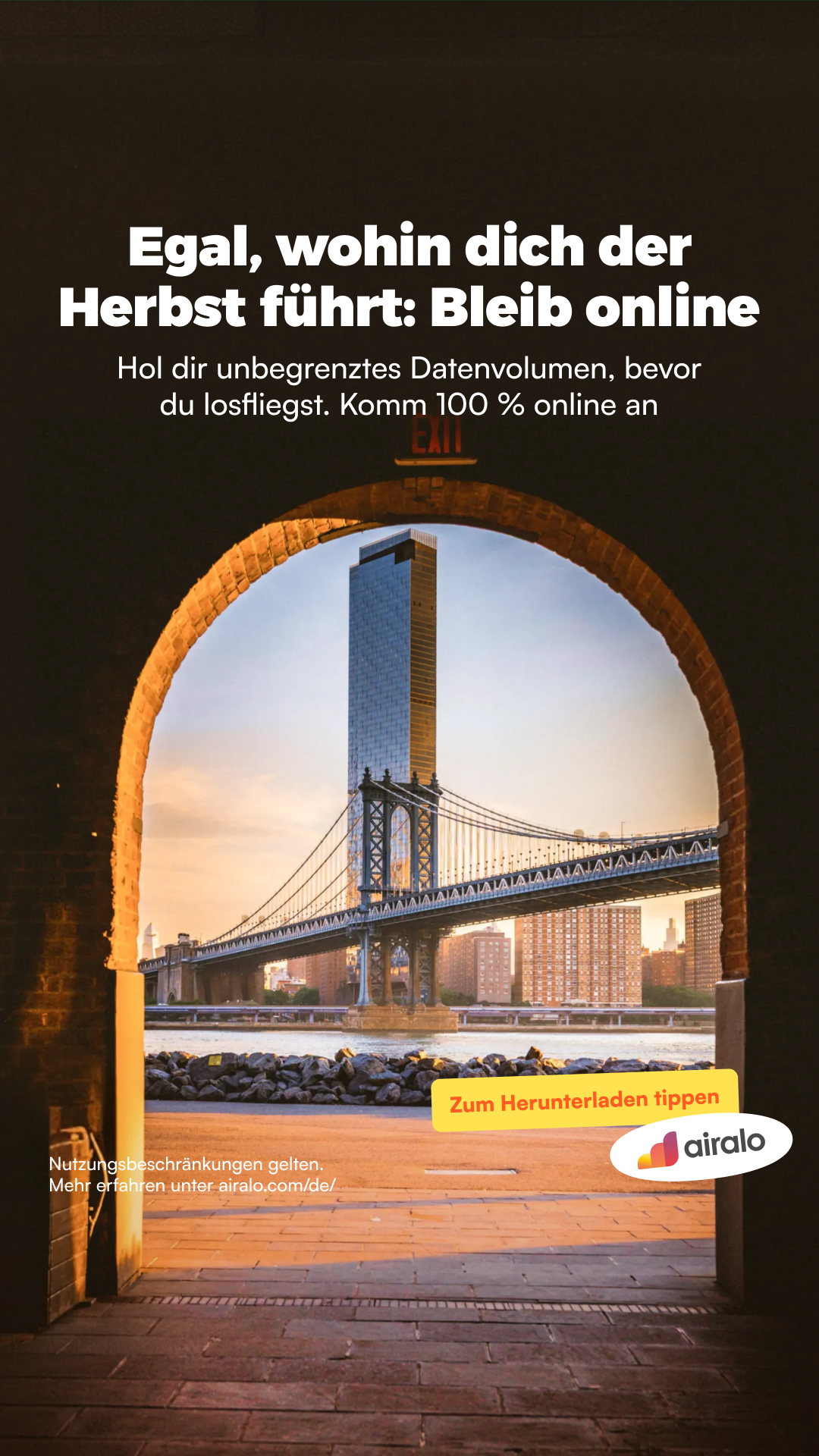 Airalo Global eSIM Store Facebook ad: Reise weiter. Bleib online.