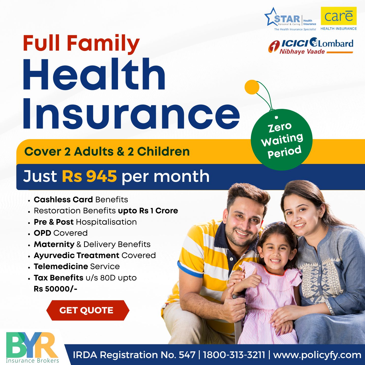 BYR Insurance Brokers Pvt. Ltd. Facebook ad: Full Family Health Insurance @ ₹945/month