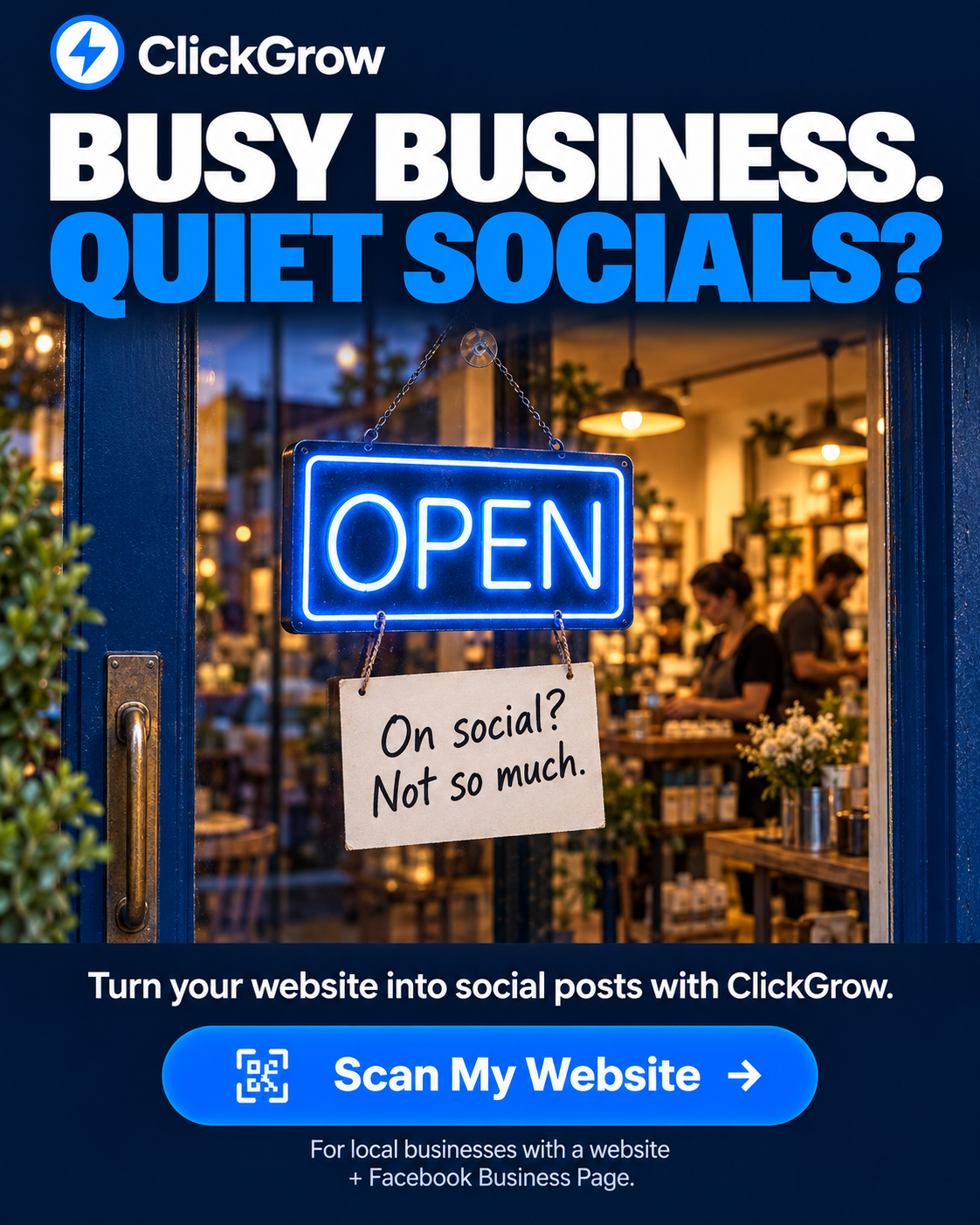 ClickGrow AI Facebook ad: Busy business, quiet feed