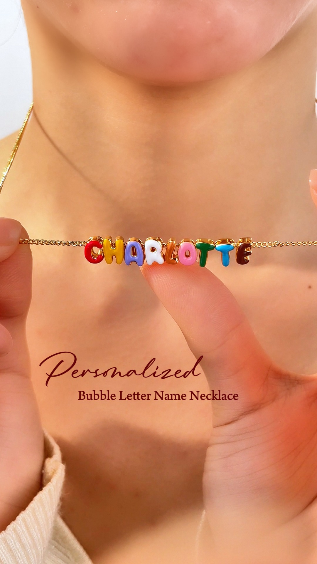 Getnamenecklace Facebook ad: Personalized Enamel Bubble Name Necklace, 3D Multicolor…