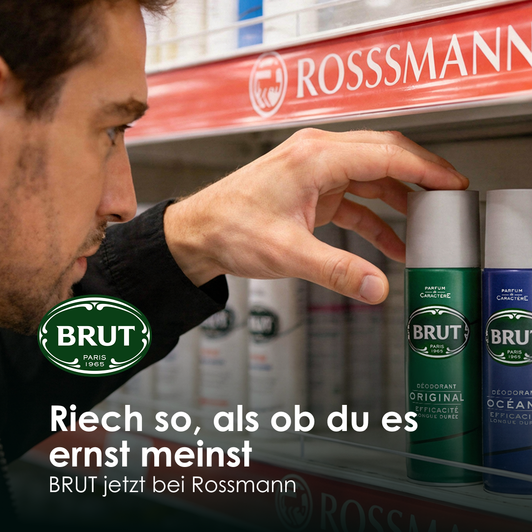 BRUT Facebook ad: Brut Deospray, jetzt bei Rossmann erhältlich.
