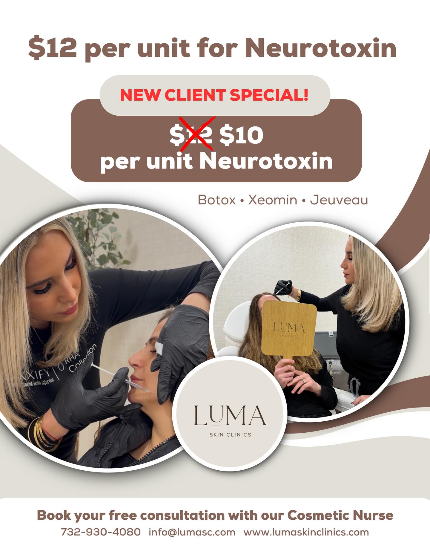 Luma Skin Clinics Facebook ad: Enjoy $10 per unit neurotoxin for first-time clients…