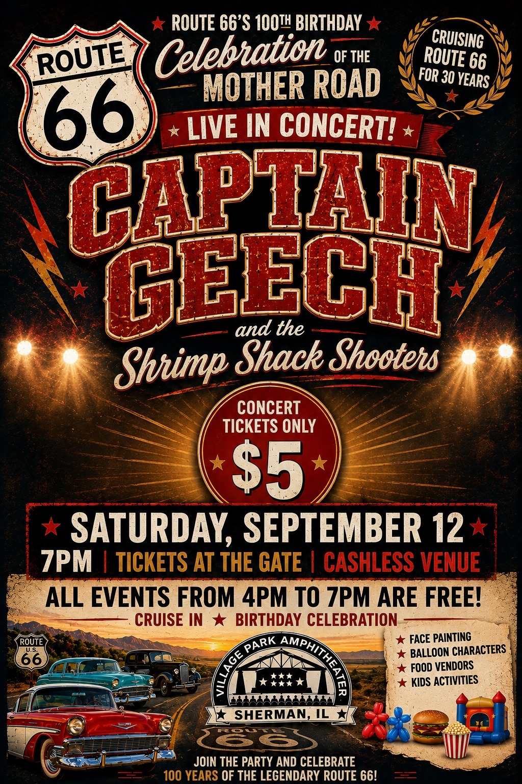 Sherman Village Park Amphitheater Facebook ad: ROUTE 66 100th BIRTHDAY CELEBRATION WITH CAPTAIN GEECH &…