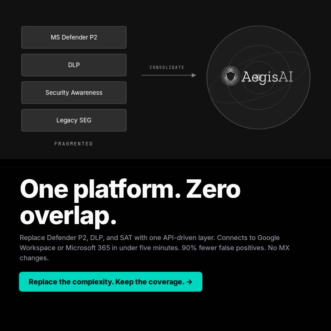 Aegis AI Security Facebook ad: Replace the complexity. Keep the coverage.