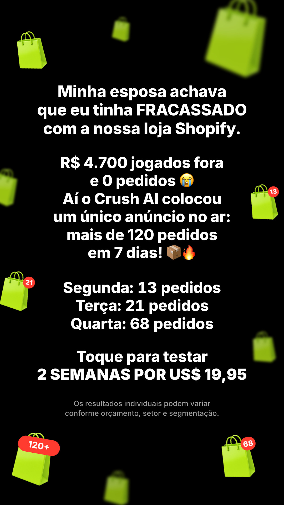 trycrush.ai Facebook ad: Para minha esposa, eu tinha fracassado
