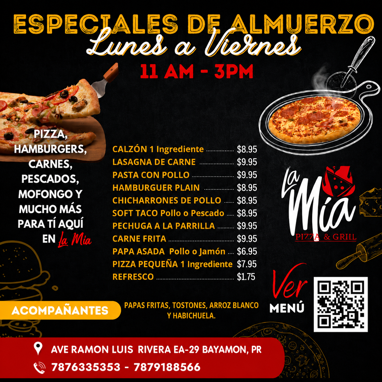 La Mía Pizza Bayamón. Facebook ad: ¿Buscas dónde almorzar rico durante la semana?