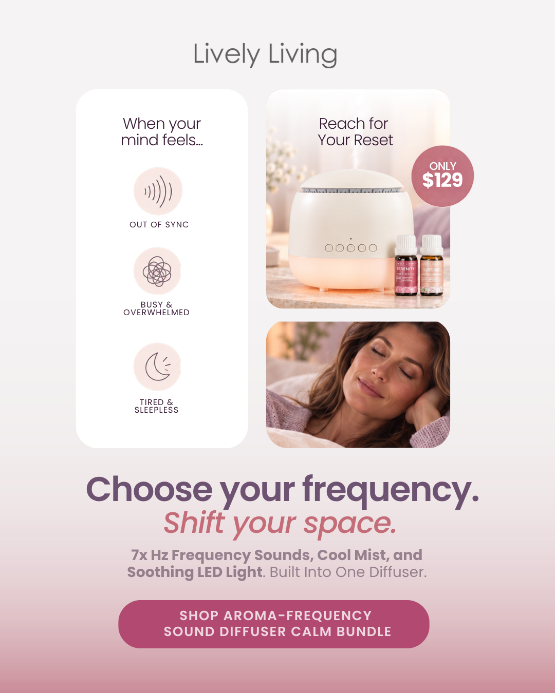 Lively Living Facebook ad: Drift Off to the Frequency of Calm
