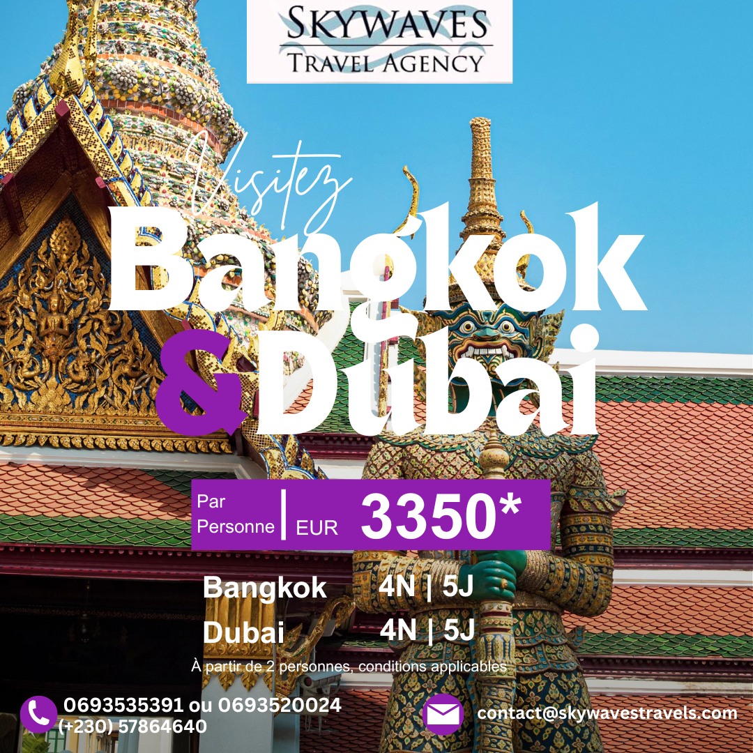 Skywaves Travel Reunion Facebook ad: DÉCOUVREZ BANGKOK ET DUBAI 2026