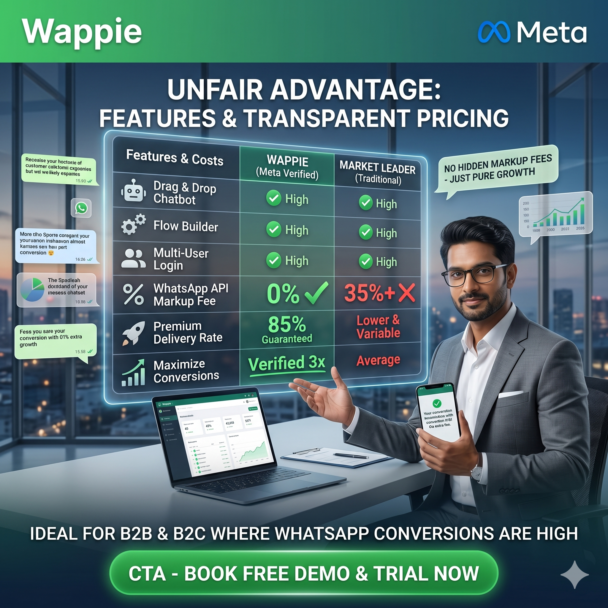 Wappie Facebook ad: Official WhatsApp API + Green Tick