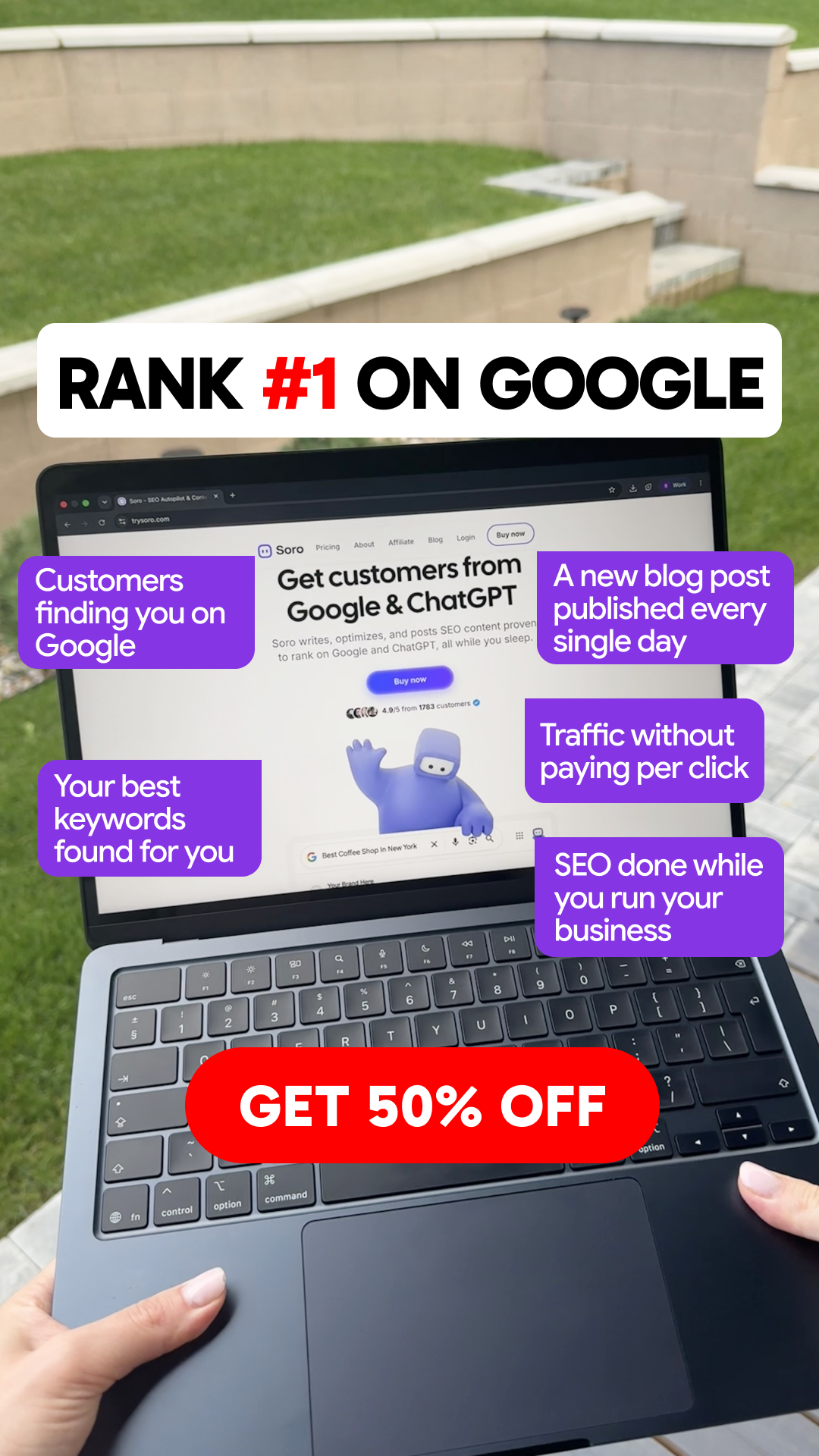 Soro SEO Facebook ad: Rank #1 on Google