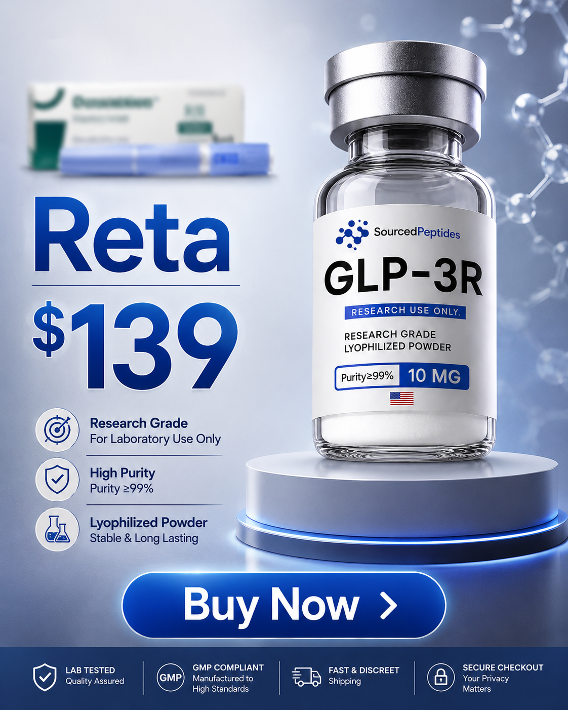 SourcedPeptides Facebook ad: Retatrutide From $109.69