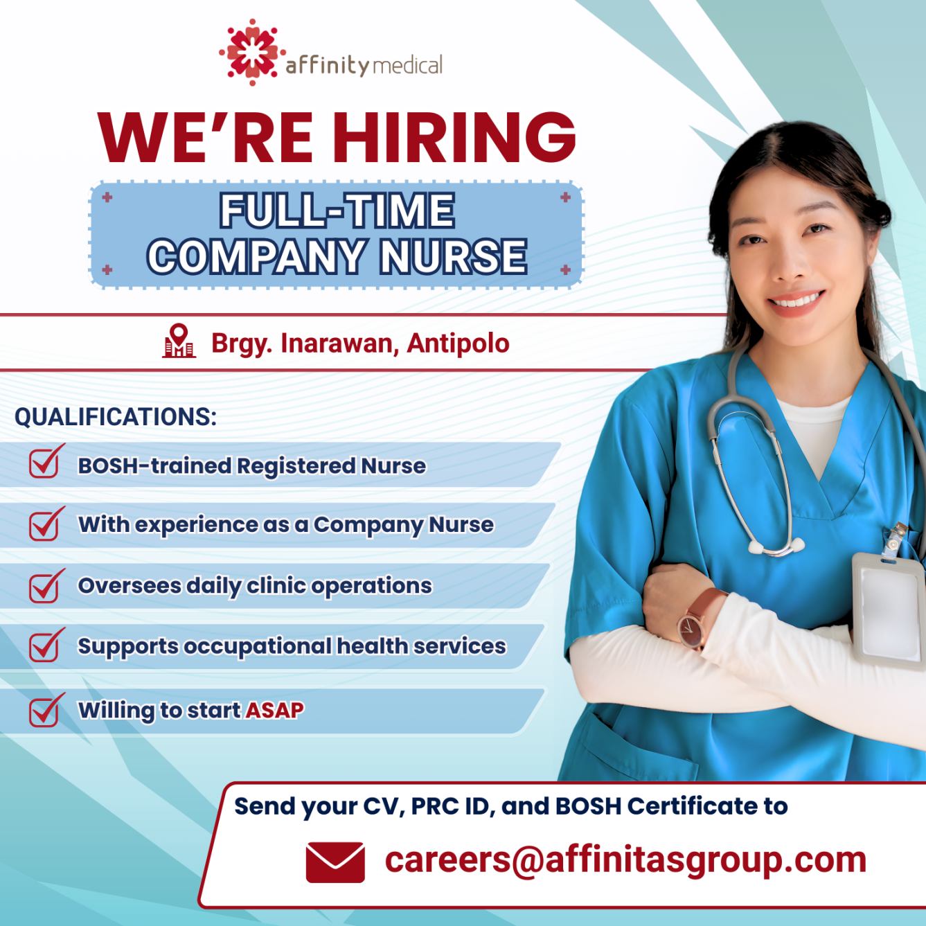 Affinity Medical Facebook ad: WE ARE HIRING: Full-Time Company Nurse