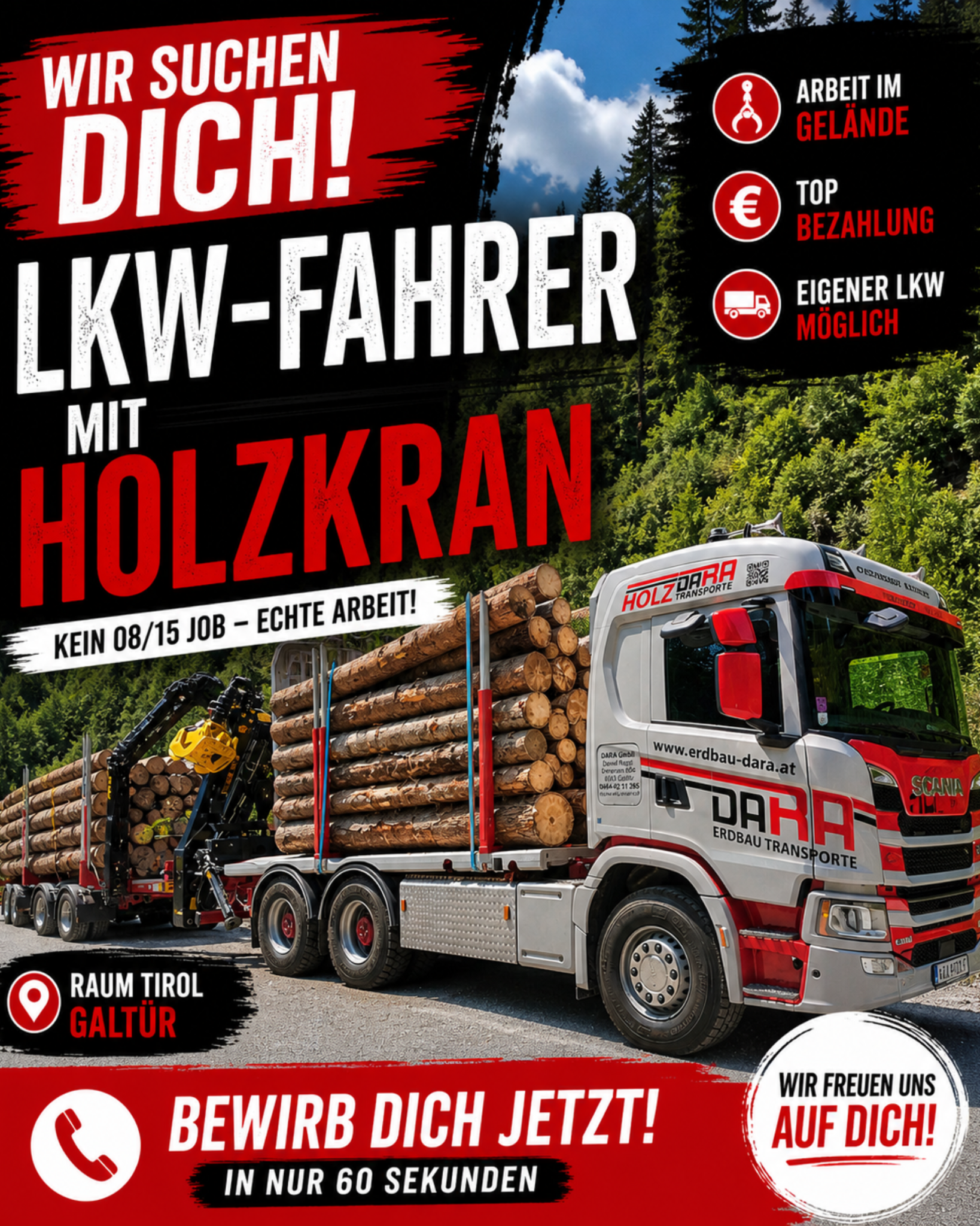 DARA Erdbau&Transporte Facebook ad: LKW-Fahrer mit Holzkran gesucht