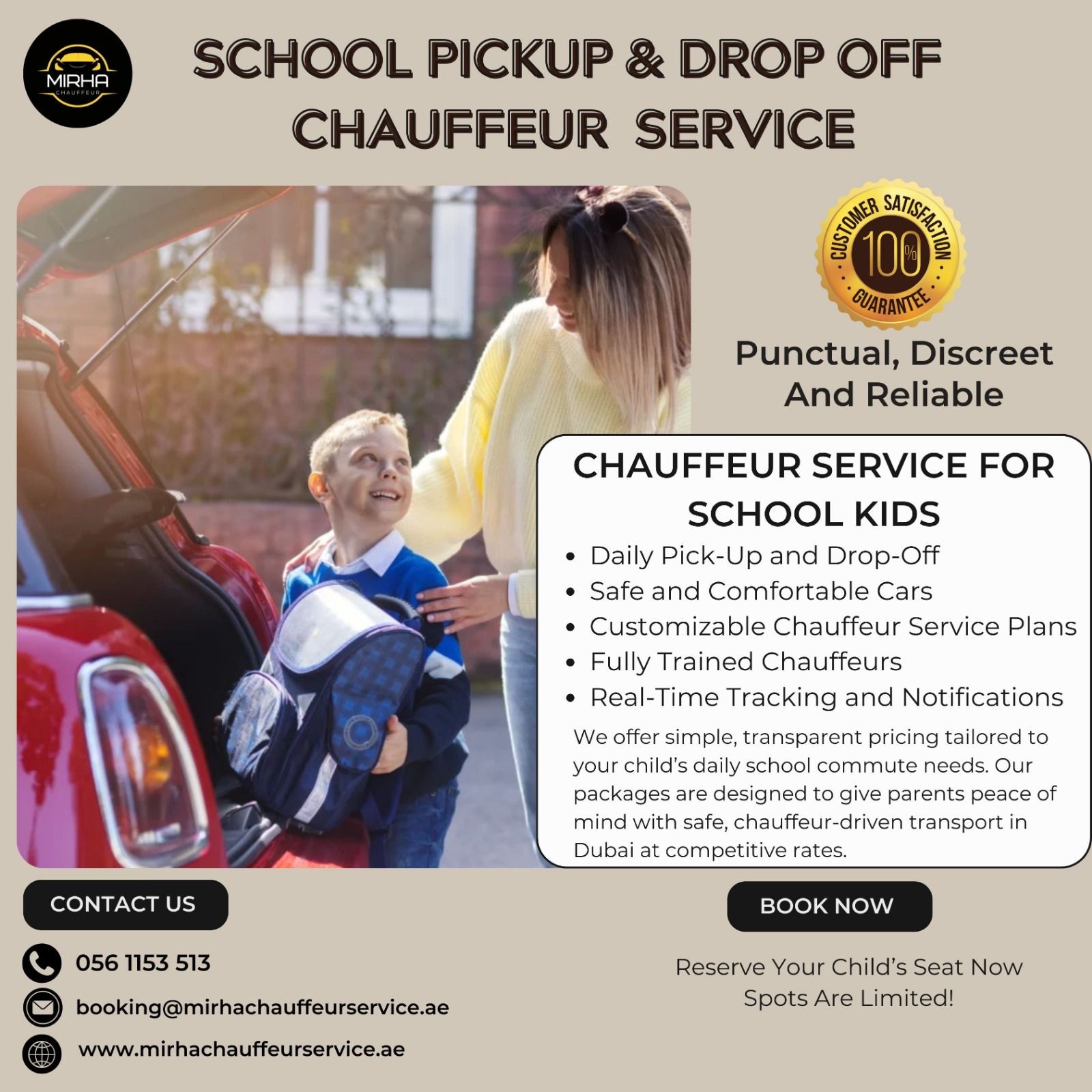 Mirha Chauffeur Facebook ad: Kids School Pickup And Drop off