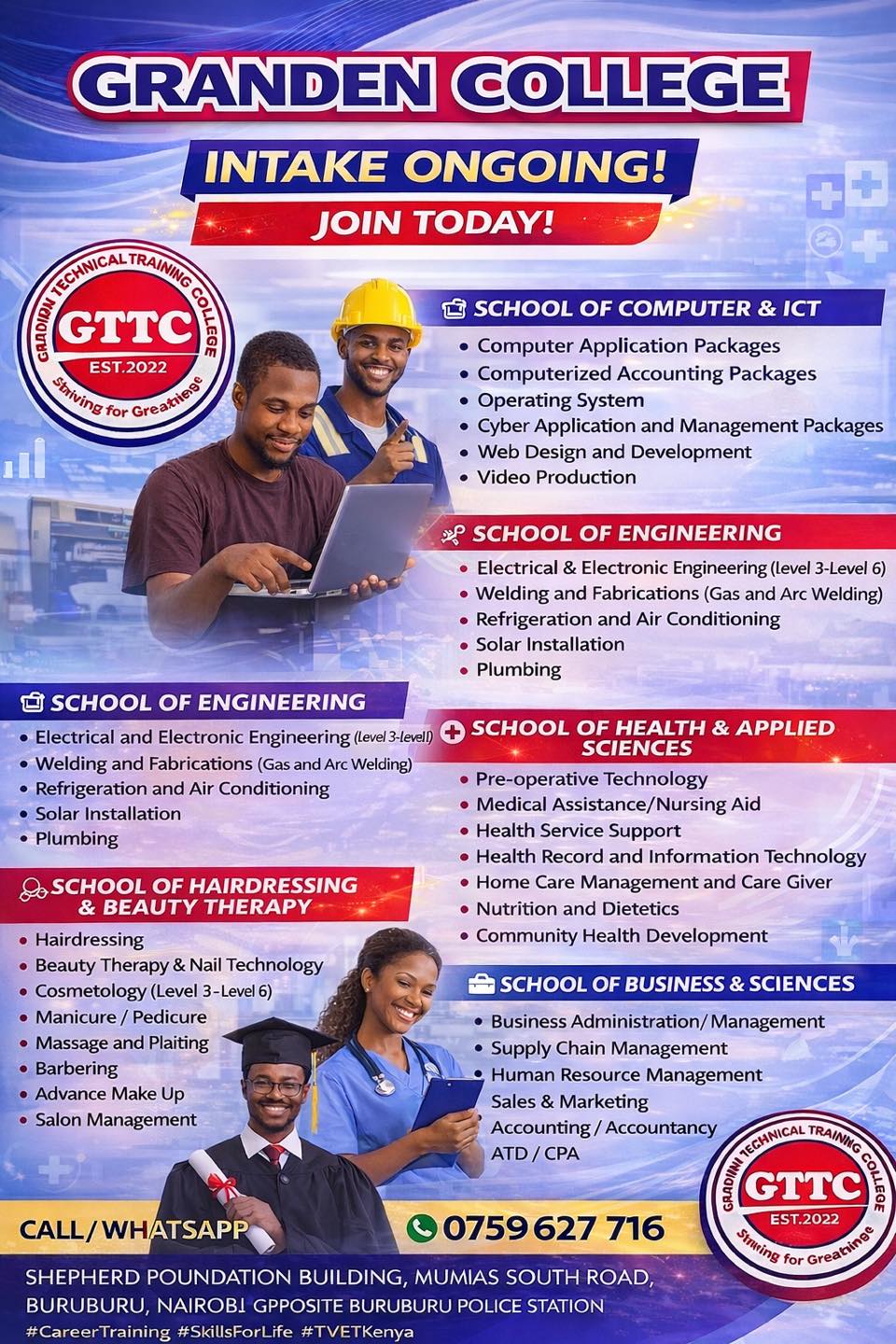 Granden Technical Training College Facebook ad: INTAKE ONGOING, JOIN GRANDEN COLLEGE TODAY!