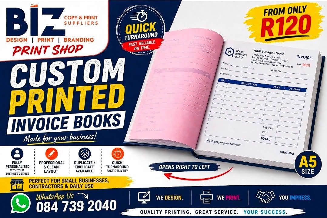 NersH Facebook ad: Custom Invoice Books from R120, Any Qty, even…