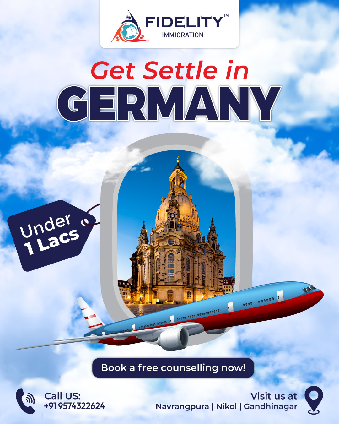 Fidelity Immigration Pvt. Ltd. Facebook ad: Settle in Germany for Under 1 Lakh!
