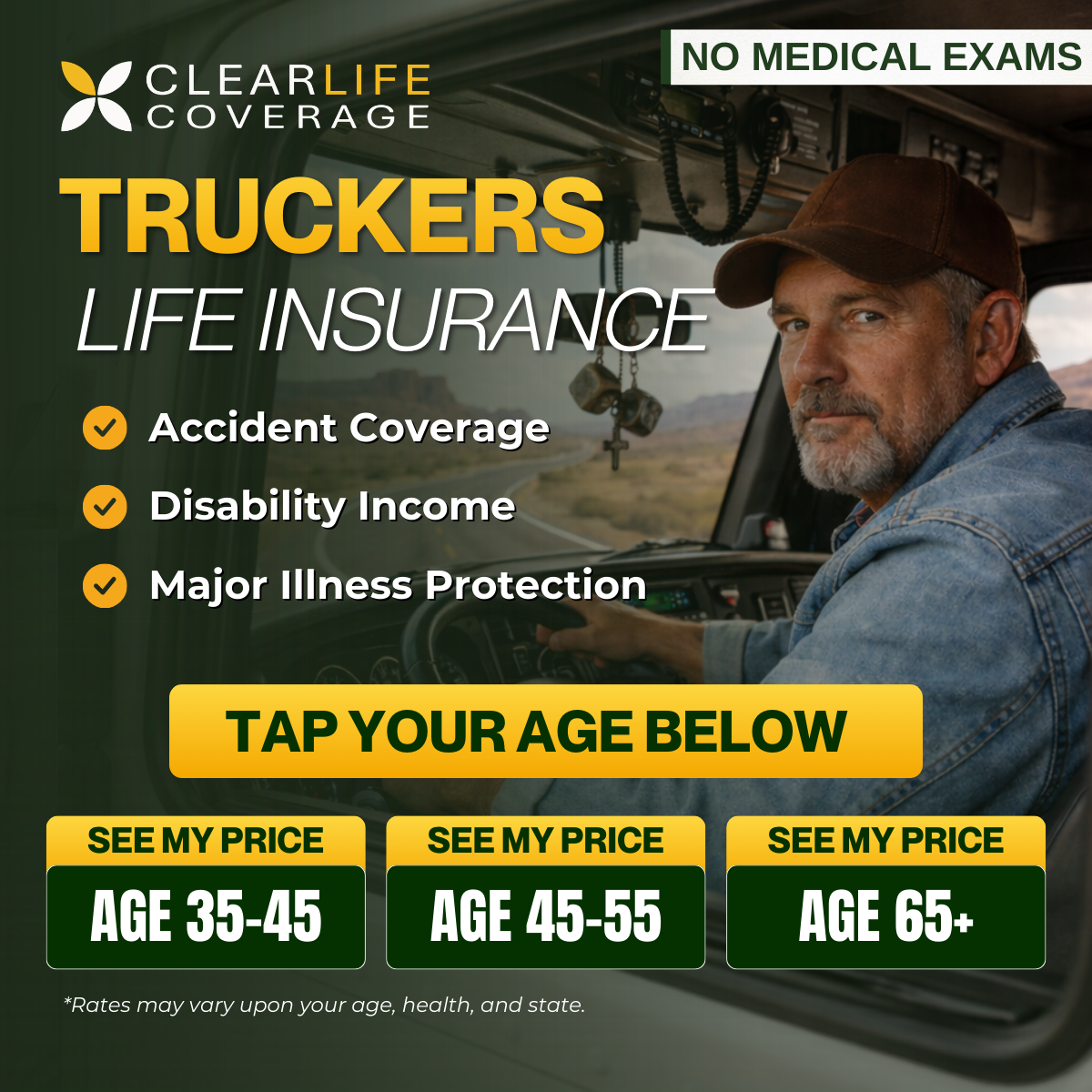 ClearLife Coverage Facebook ad: NO BLOODWORK. EASY APPROVAL FOR TRUCK DRIVERS