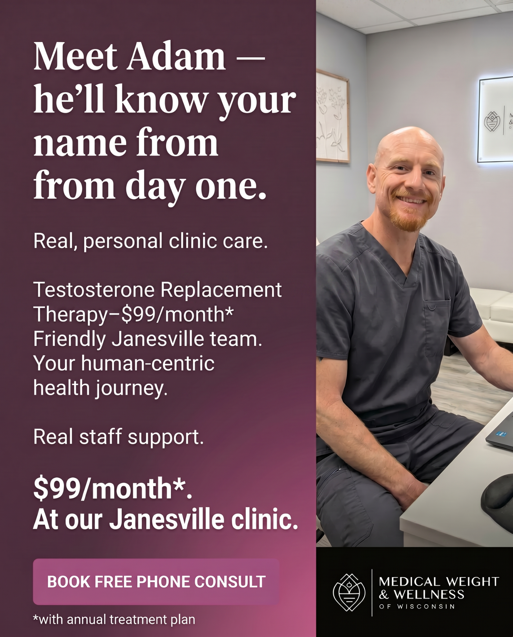 Medical Weight Loss and Wellness of Wisconsin Facebook ad: Meet Adam, Janesville TRT