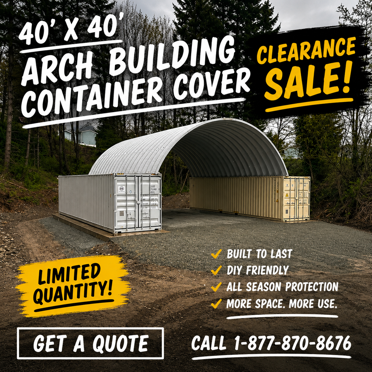 Future Buildings Facebook ad: Industrial-Grade Steel Container Covers, DIY Assembly