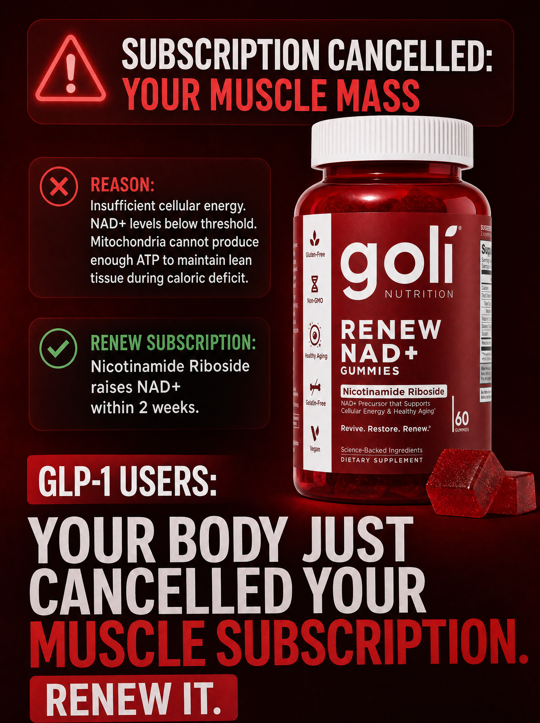 Goli Facebook ad: On a GLP-1 and Running on Empty?