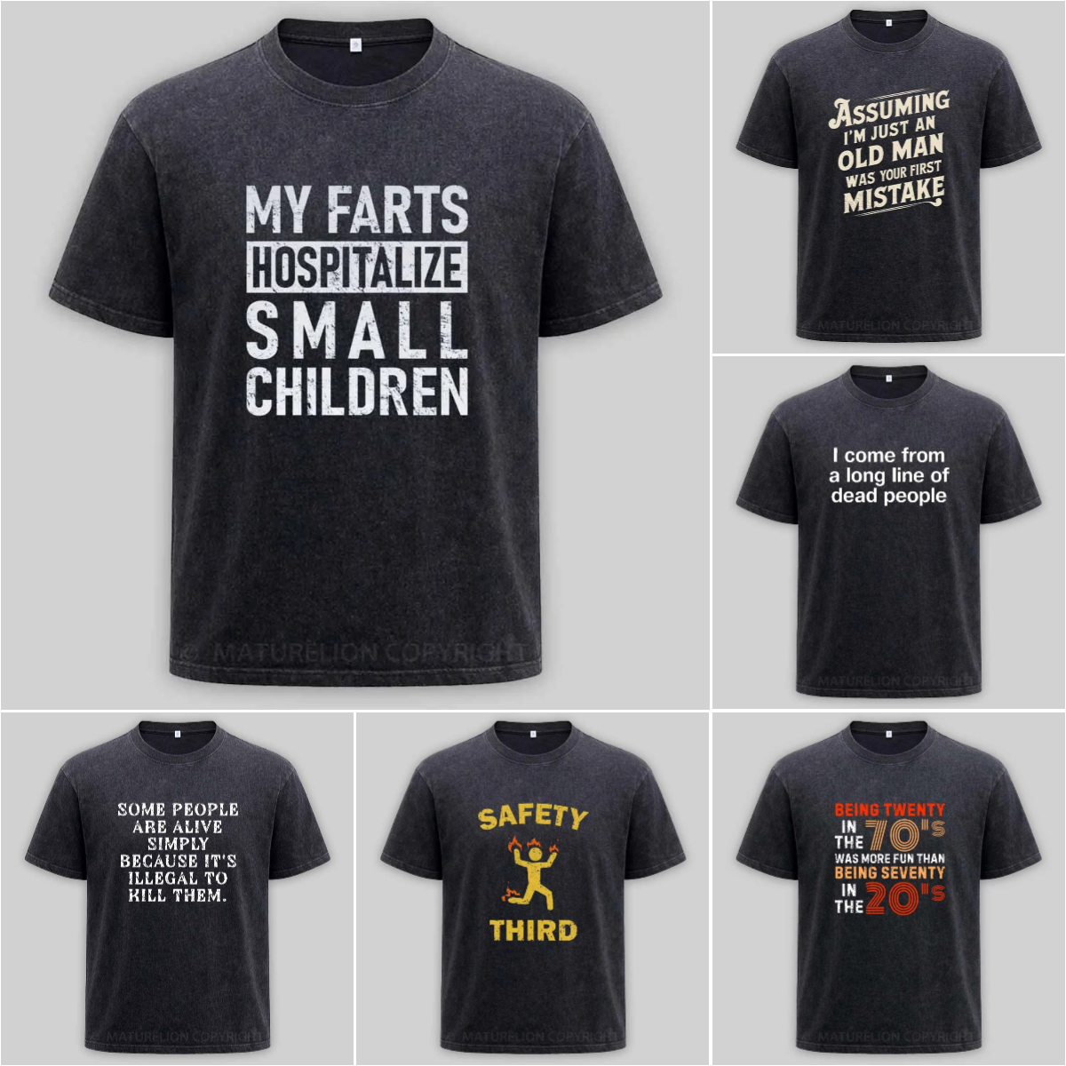 Maturelion Funny Clothing Facebook ad: Every shirt = a punchline.