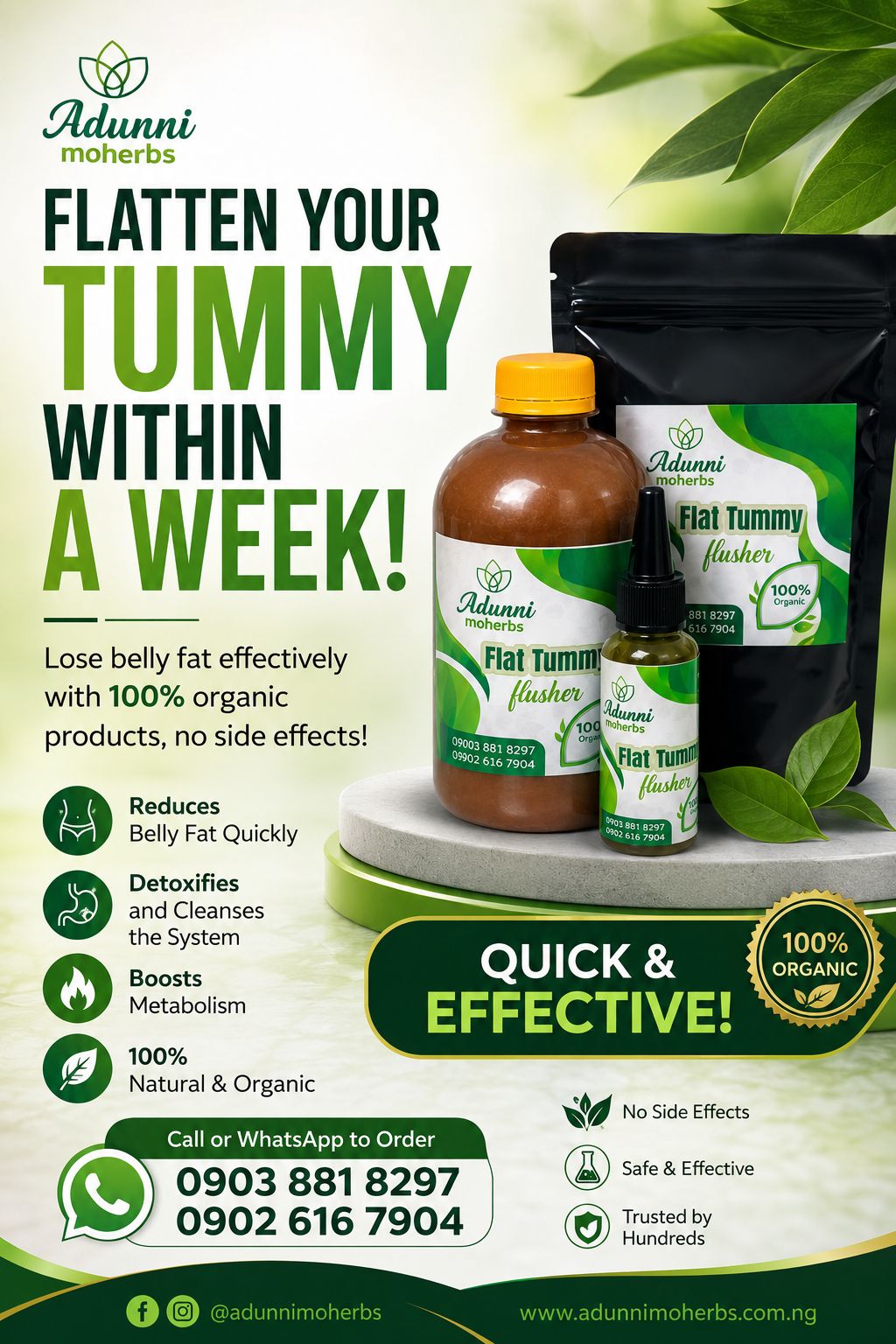 Adunni moherbs Facebook ad: Want a flatter tummy in days?