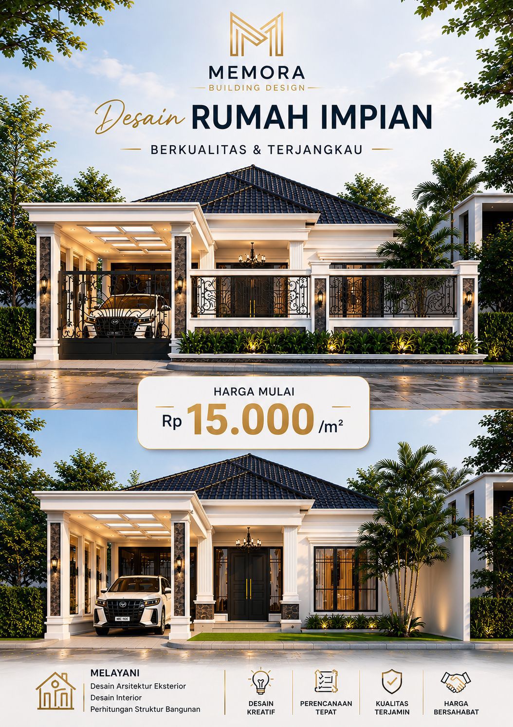 Memora design Facebook ad: Wujudkan Rumah Mewah Impian Anda, Tanpa Biaya Desain yang…