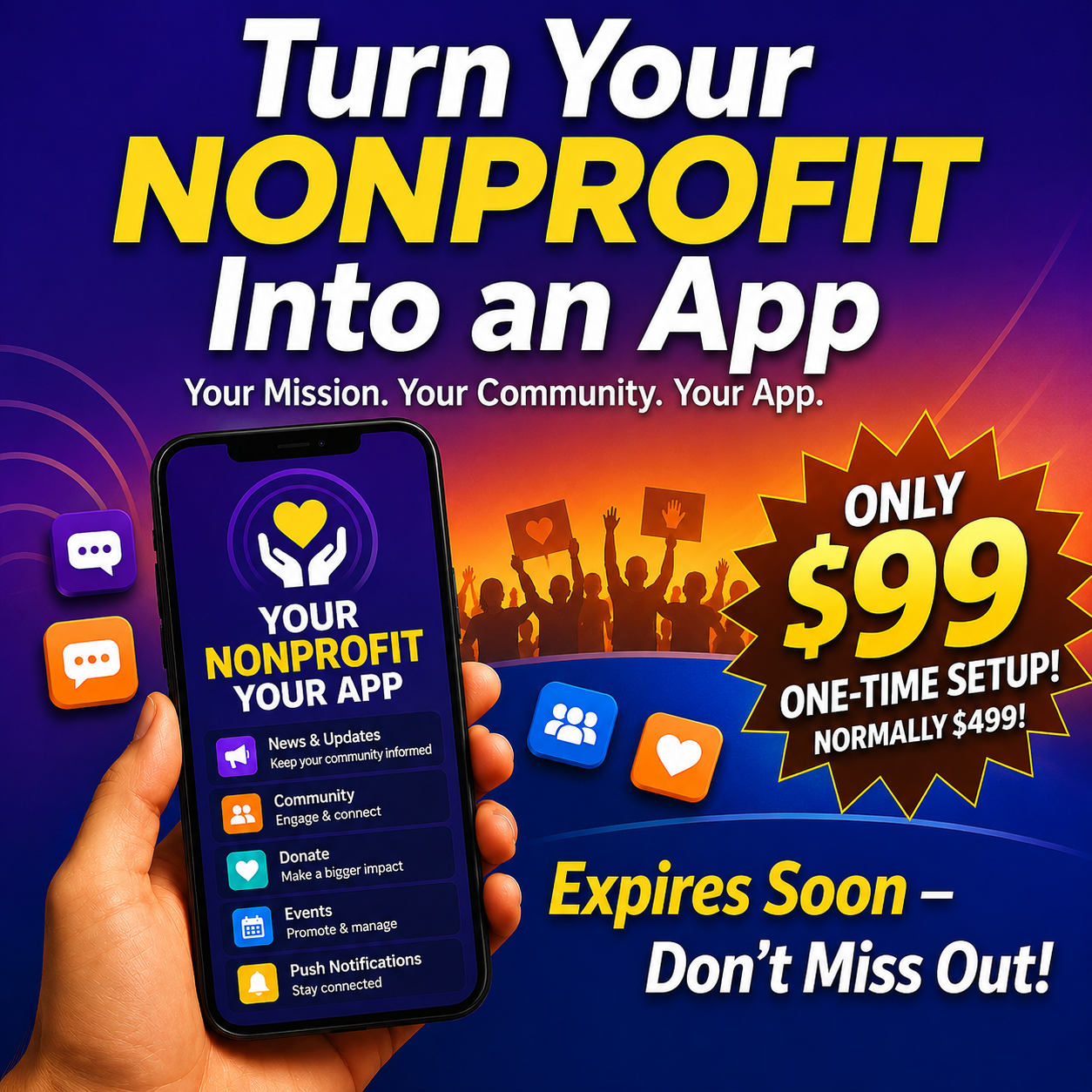 Create Community Facebook ad: Turn Your NonProfit Into an App