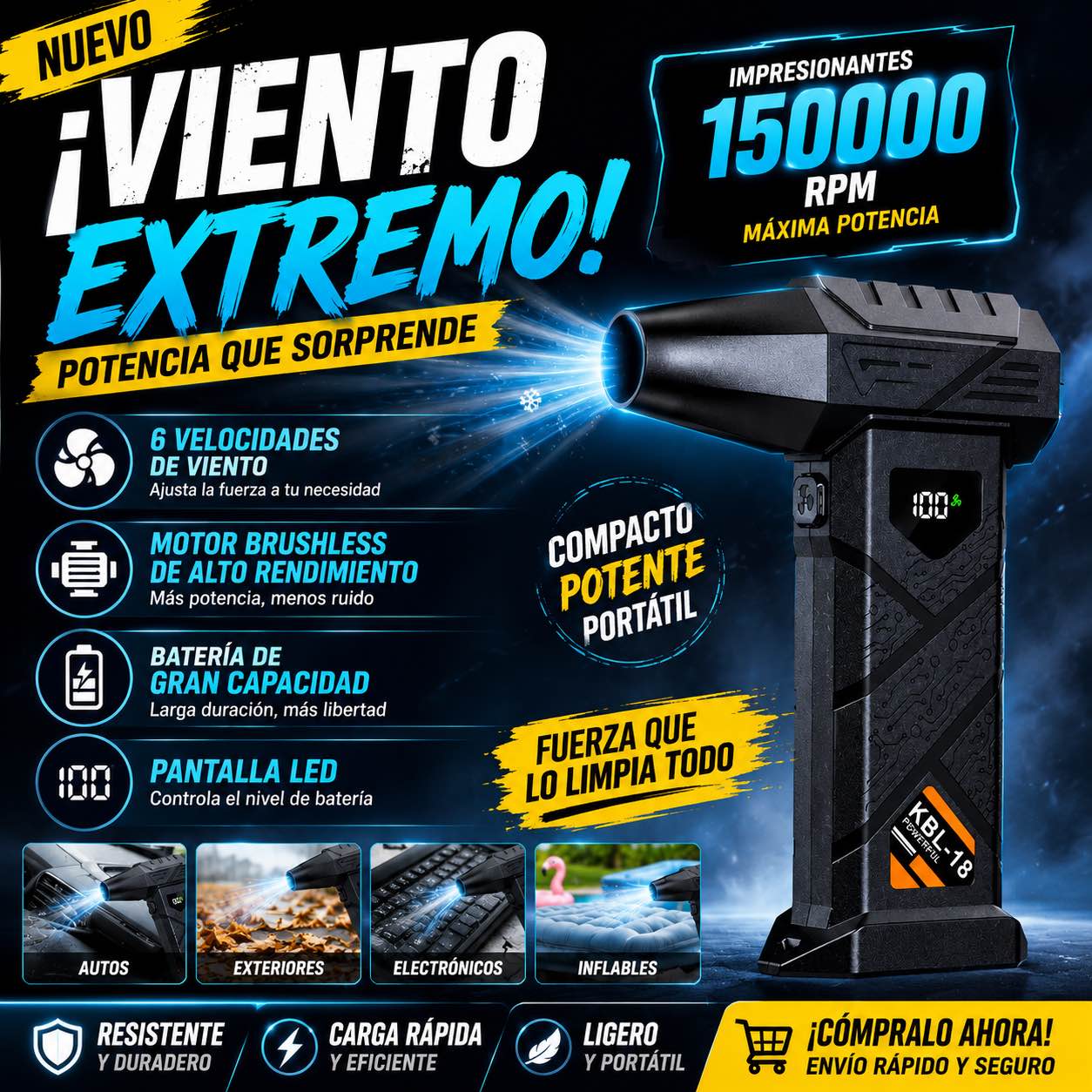 Albert Montoya Facebook ad: SOPLADORA TURBO RECARGABLE | 150,000 RPM Limpia Autos, PC…
