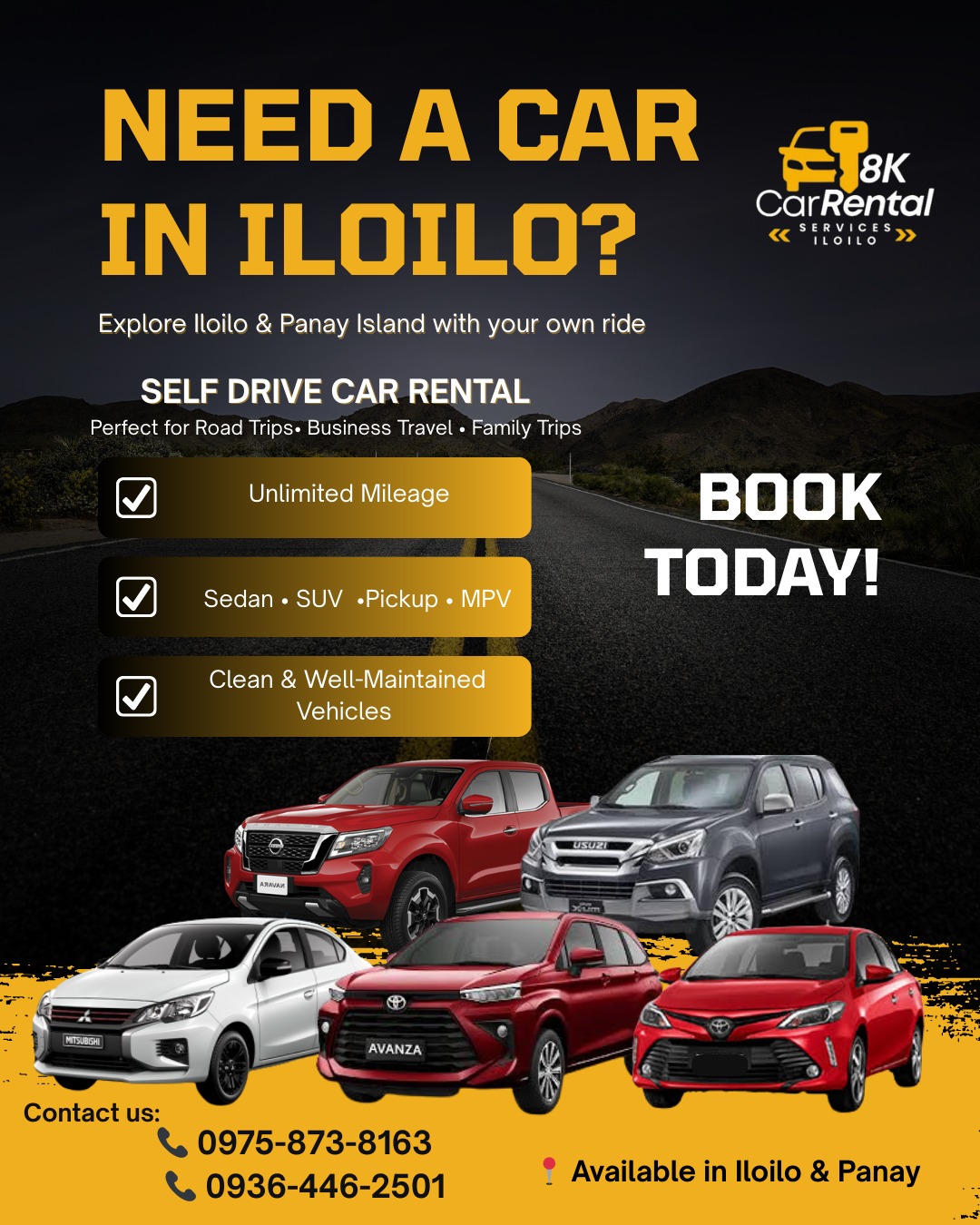 8K Car Rental Services Iloilo Facebook ad: Rent a self-drive car with unlimited mileage and…