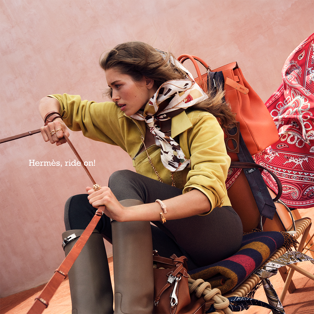 Hermès Facebook ad: Ride on! Harnessed with precise gestures and elegance…