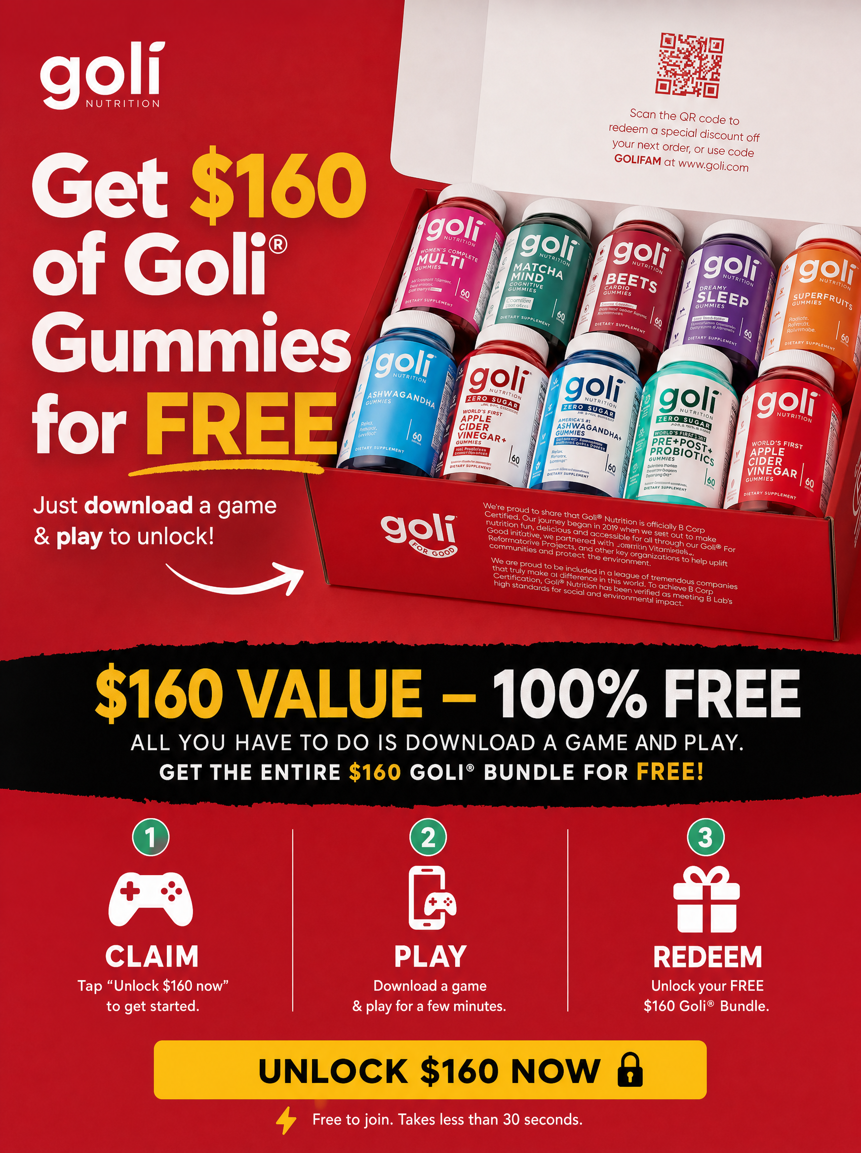 Goli Facebook ad: Play Games → Get $160 In Goli FREE