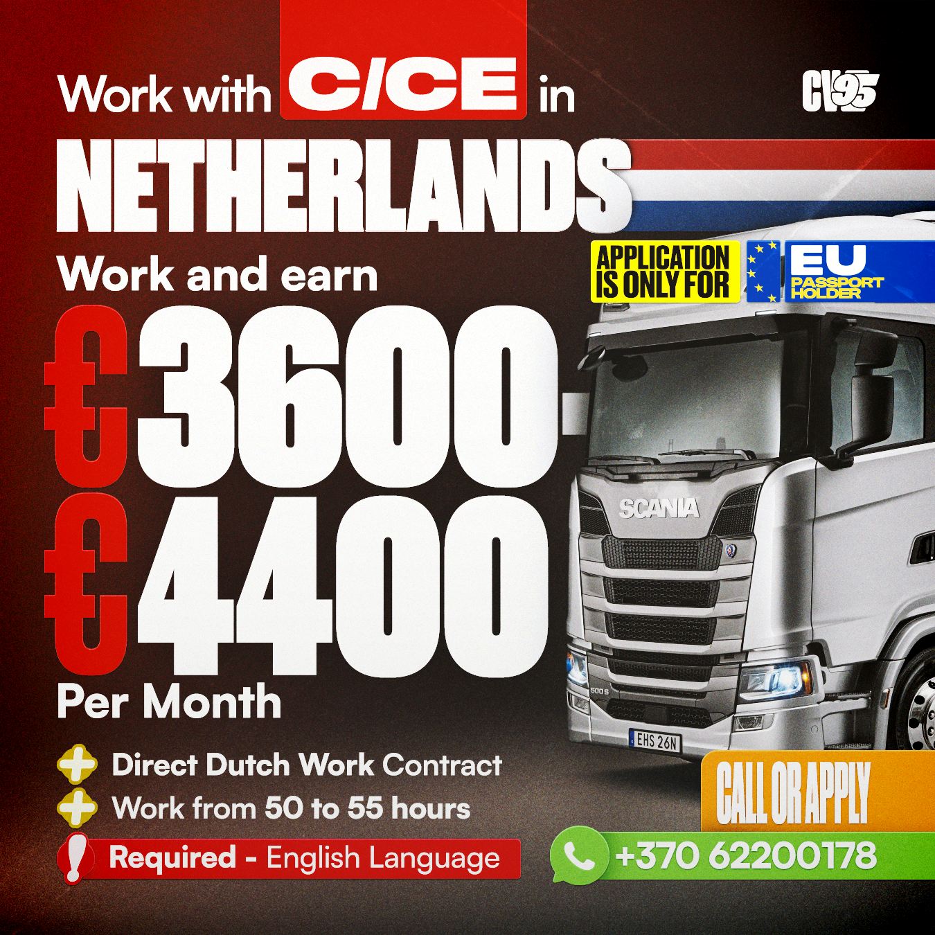 CV95 Facebook ad: C/CE vairuotojų darbas Olandijoje | Uždirbk 800-1100 € per…