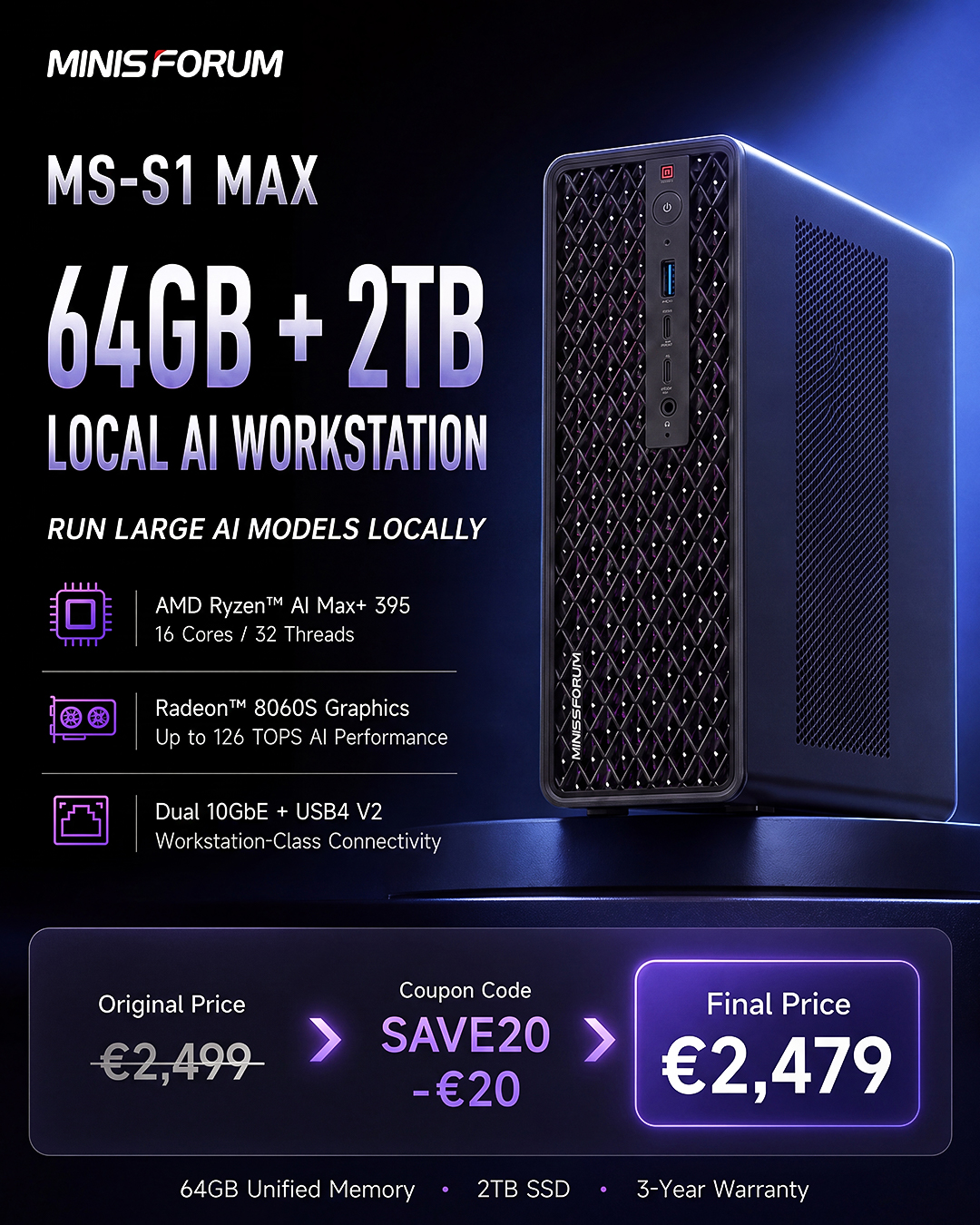 Minisforum EU Deals Facebook ad: MS-S1 MAX 64GB + 2TB | €2,479