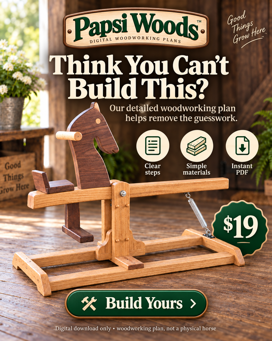 Shoes & Friends Facebook ad: Download The Wooden Rocking Horse DIY Plans