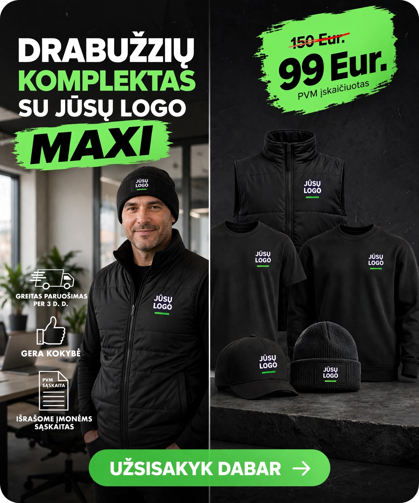 TavoMada.lt Facebook ad: UŽSISAKYK DRABUŽIUS SU LOGO